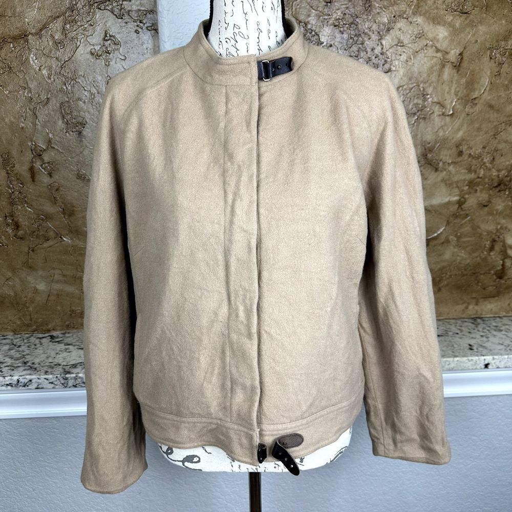 Eddie Bauer Wool Blend Jacket Women's XL Beige Band Collar Snap Buckle Outdoor